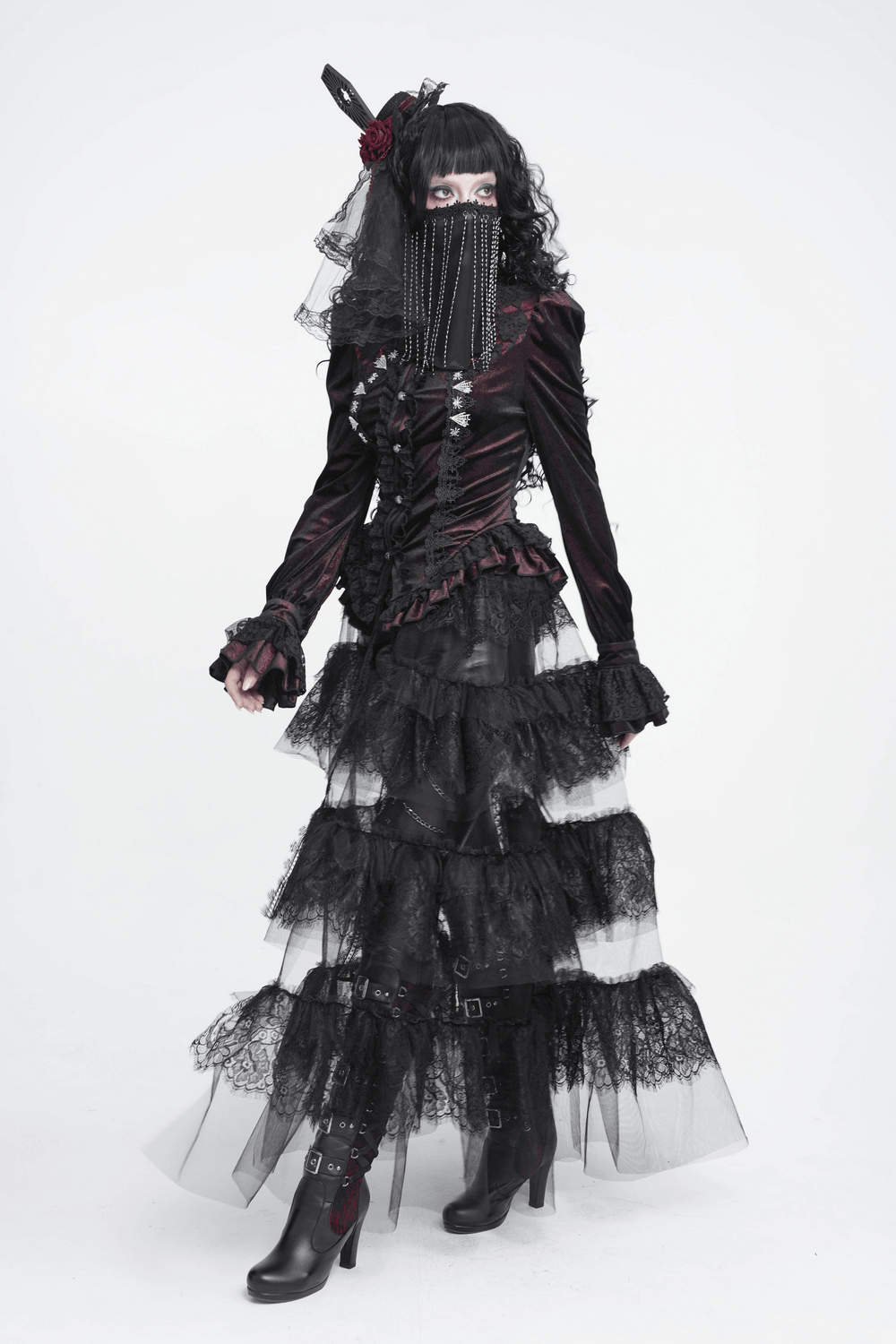 Black Gothic Face Veil Mask with Beaded Fringe