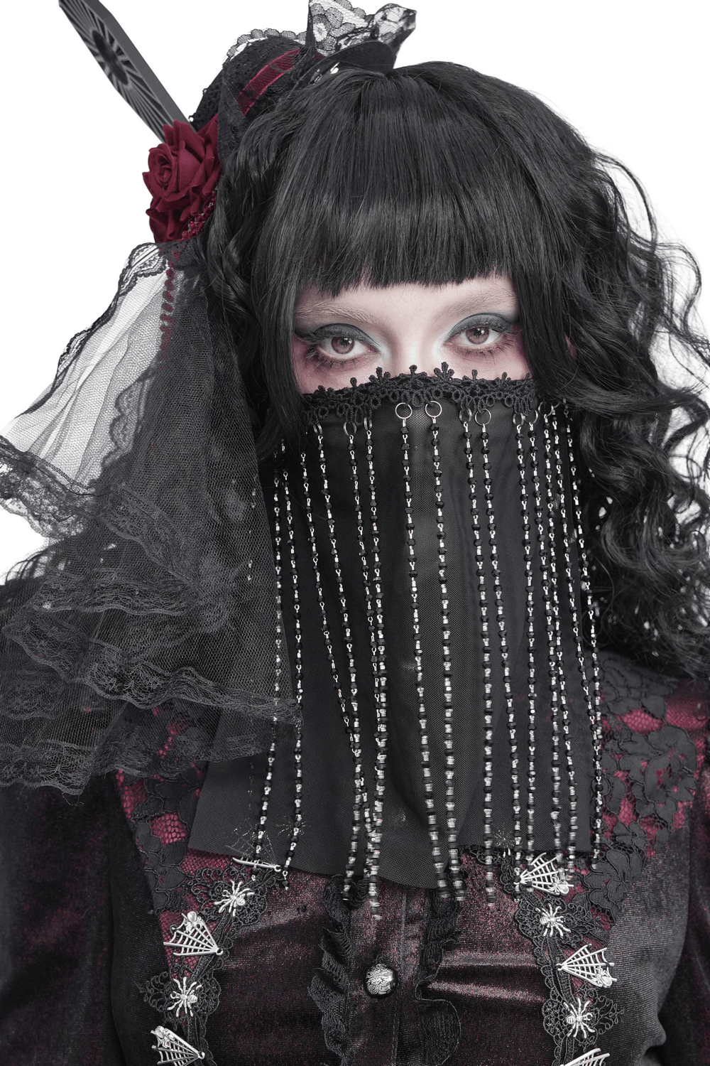 Black Gothic Face Veil Mask with Beaded Fringe