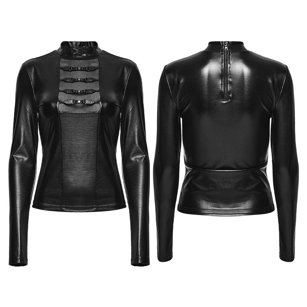 Black Gothic Faux Leather Top with Mesh Buckle Straps