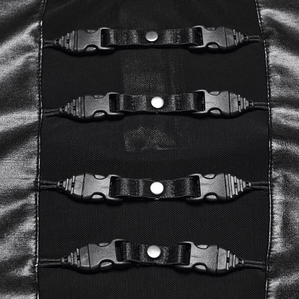 Black Gothic Faux Leather Top with Mesh Buckle Straps