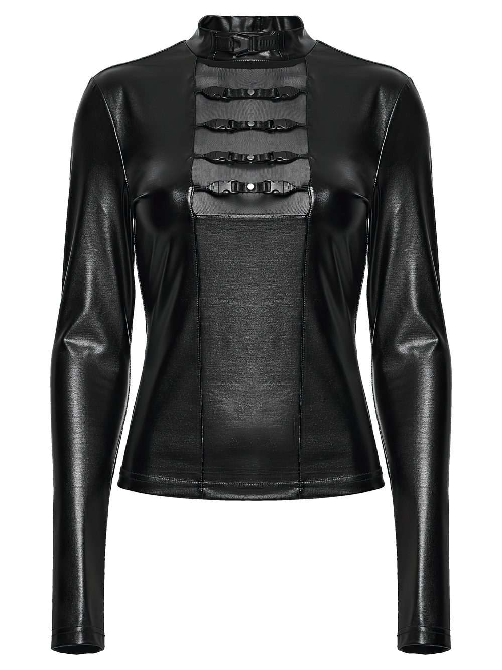 Black Gothic Faux Leather Top with Mesh Buckle Straps