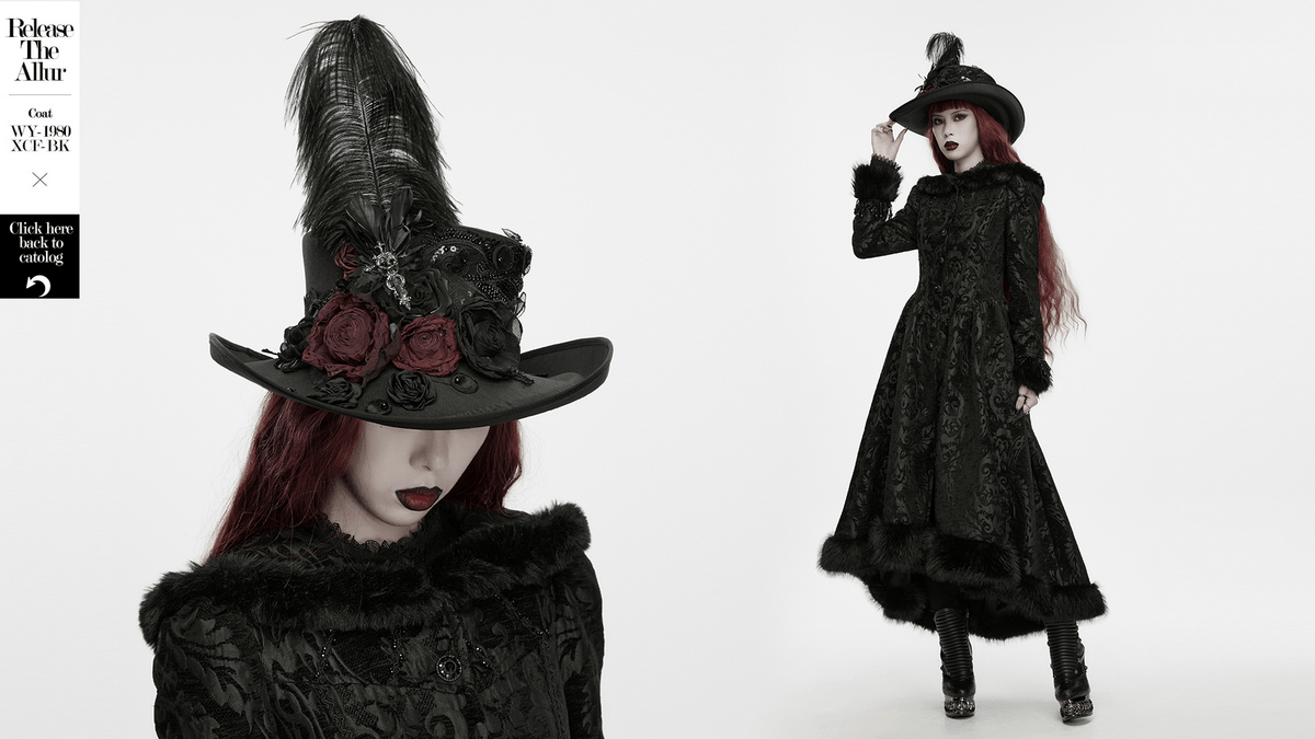 Black Gothic Feather Top Hat with Bloody Roses