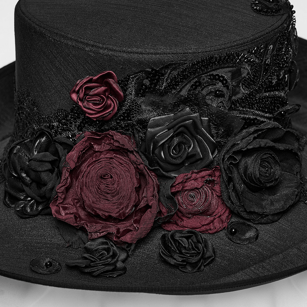 Black Gothic Feather Top Hat with Bloody Roses