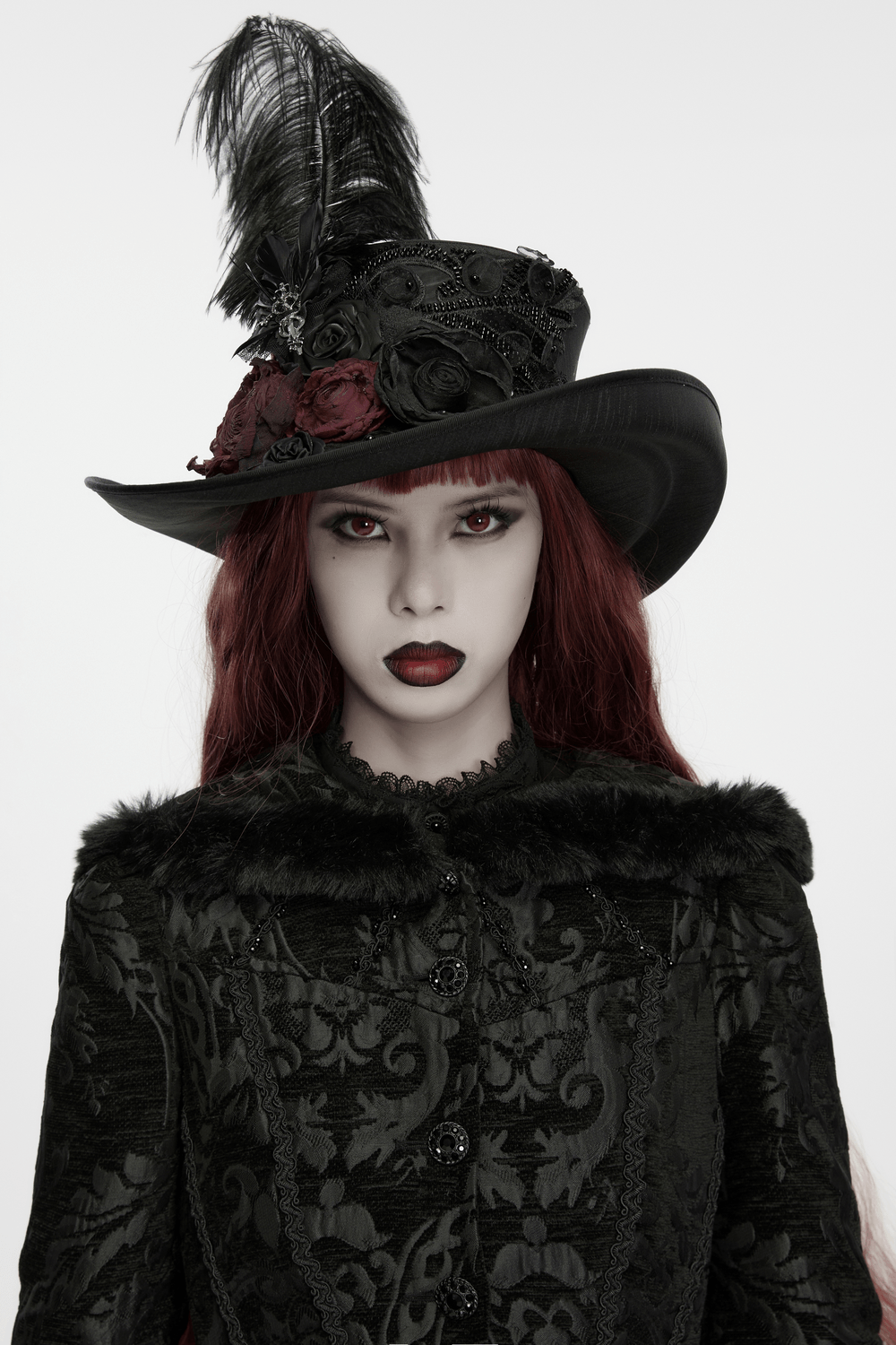 Black Gothic Feather Top Hat with Bloody Roses