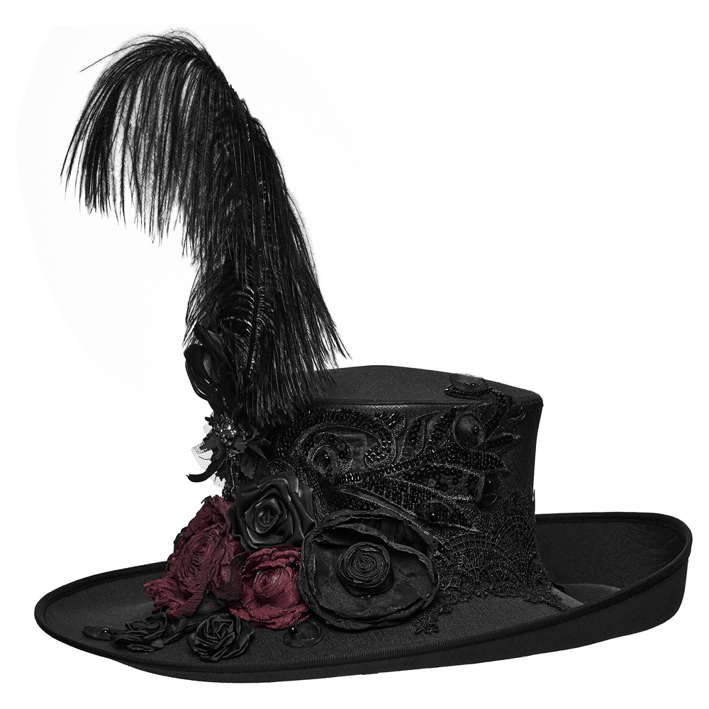 Black Gothic Feather Top Hat with Bloody Roses