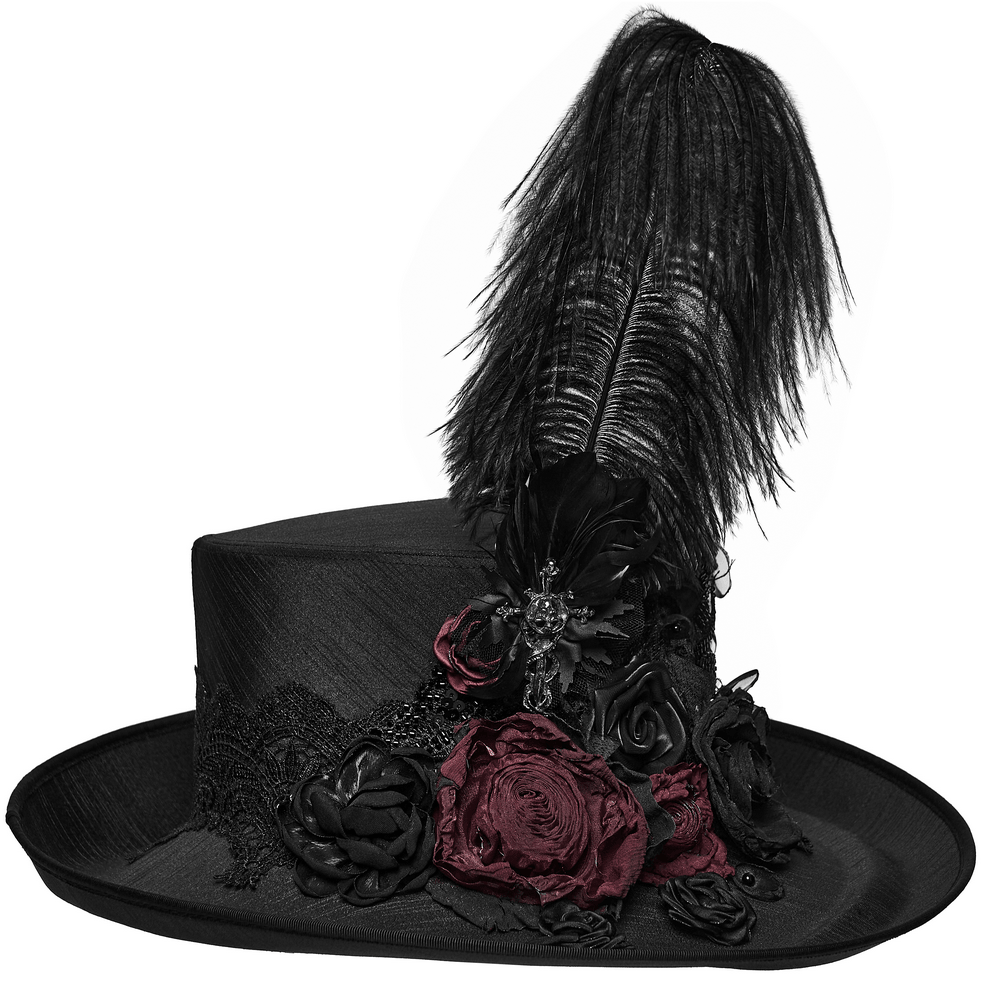 Black Gothic Feather Top Hat with Bloody Roses