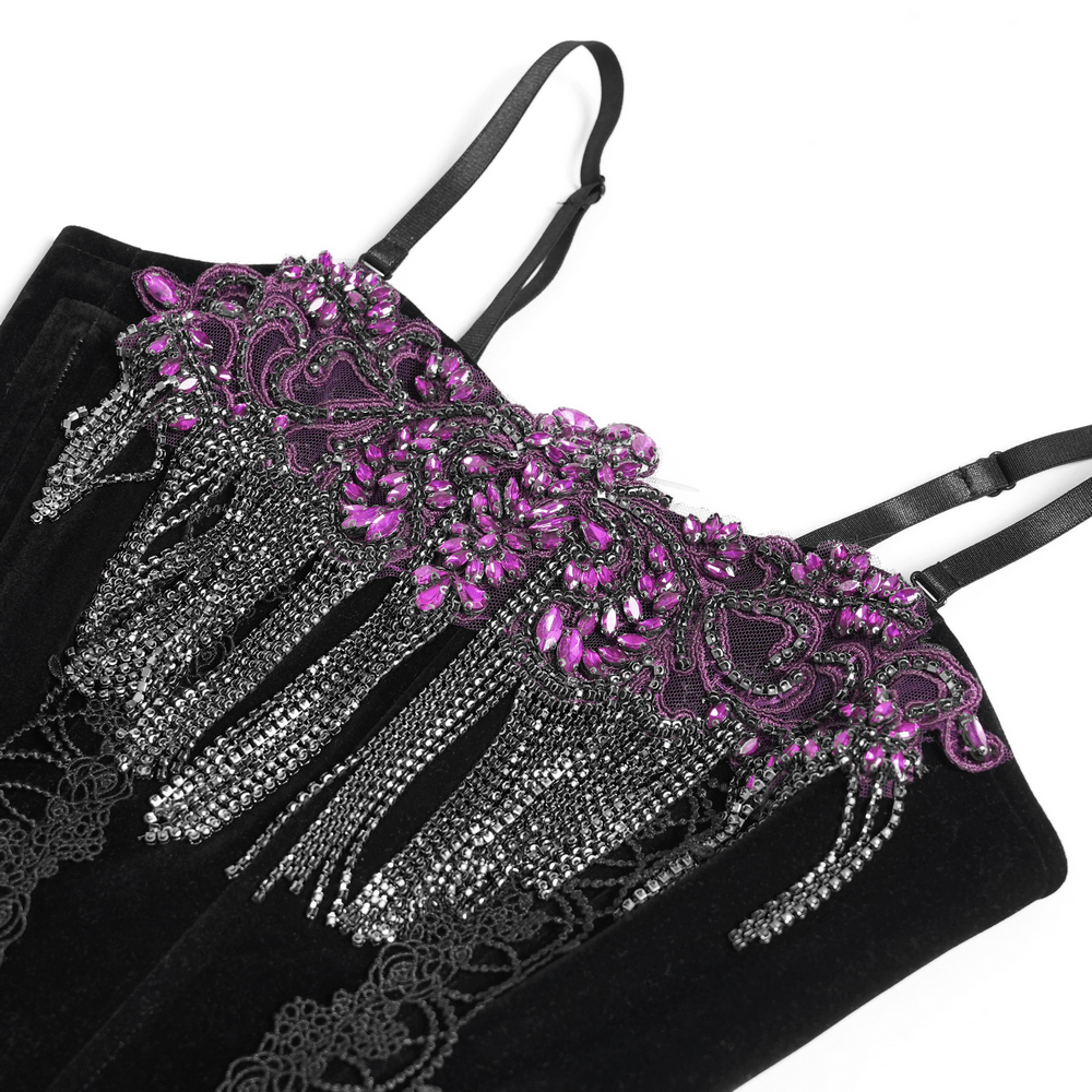 Black Gothic Fringe Corset Bustier with Purple Lace