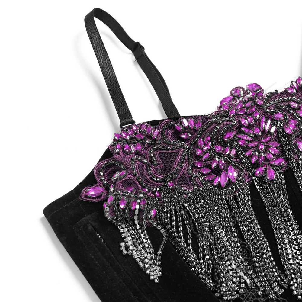 Black Gothic Fringe Corset Bustier with Purple Lace
