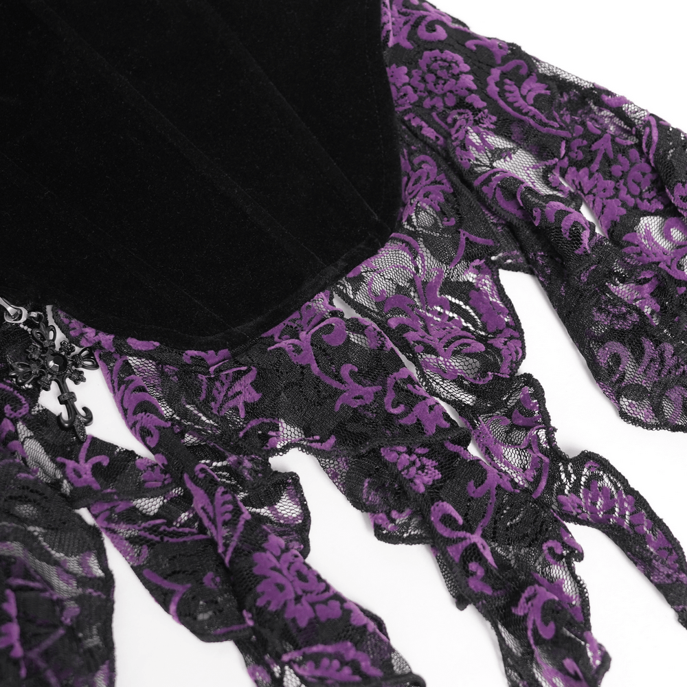 Black Gothic Fringe Corset Bustier with Purple Lace