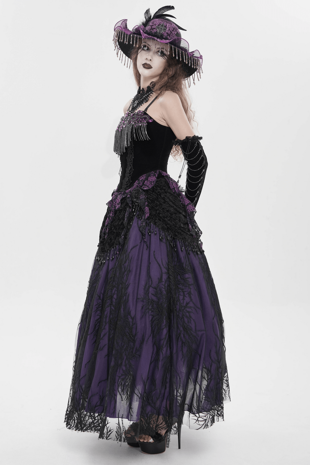 Black Gothic Fringe Corset Bustier with Purple Lace