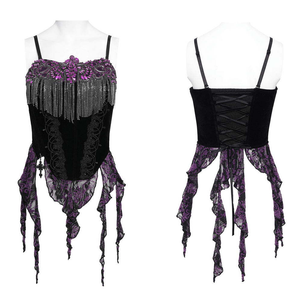 Black Gothic Fringe Corset Bustier with Purple Lace