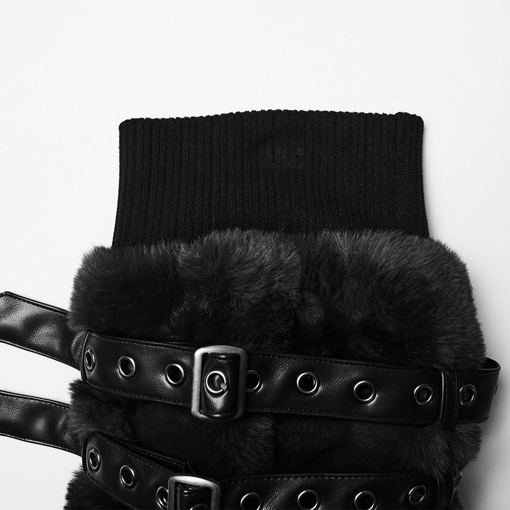 Black Gothic Fur Leg Warmers with Buckle Straps and Trim