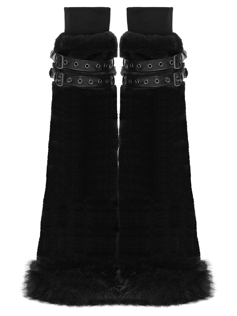 Black Gothic Fur Leg Warmers with Buckle Straps and Trim