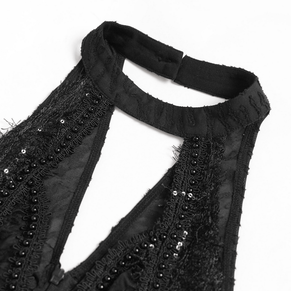 Black Gothic Halter Neck Top with Asymmetric Hemline