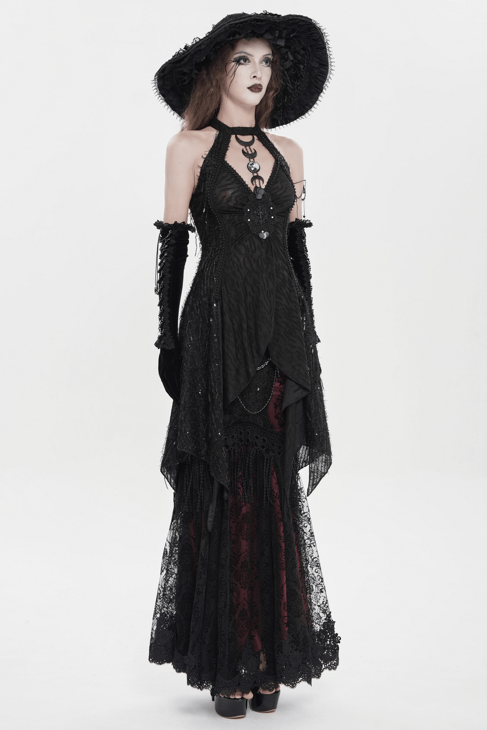 Black Gothic Halter Neck Top with Asymmetric Hemline