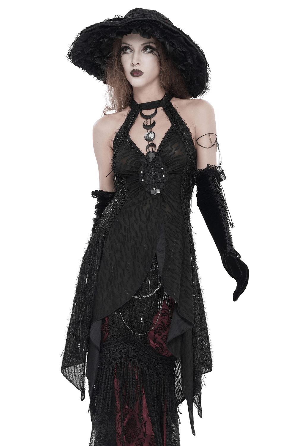 Black Gothic Halter Neck Top with Asymmetric Hemline