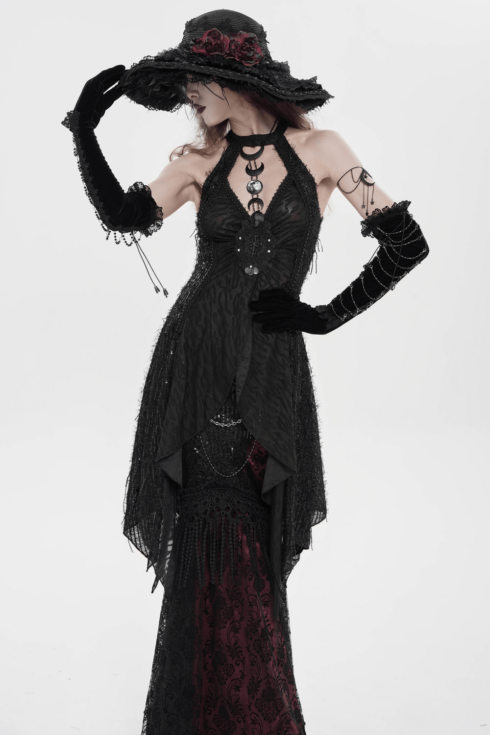 Black Gothic Halter Neck Top with Asymmetric Hemline