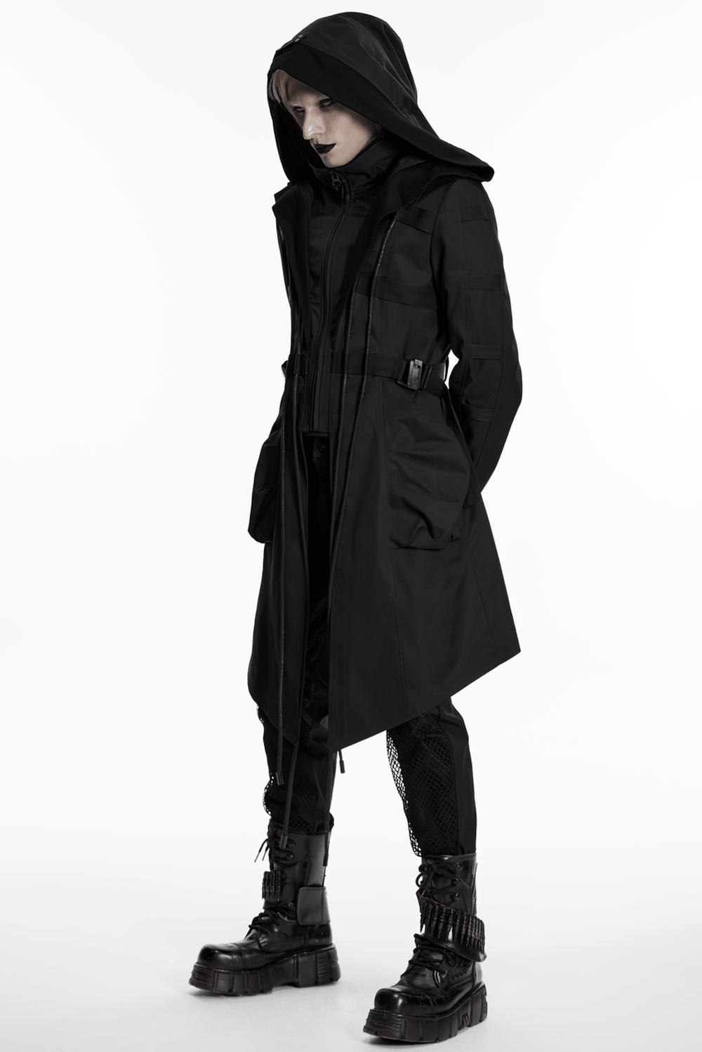 Black Gothic Hooded Coat with Tactical Strap Details