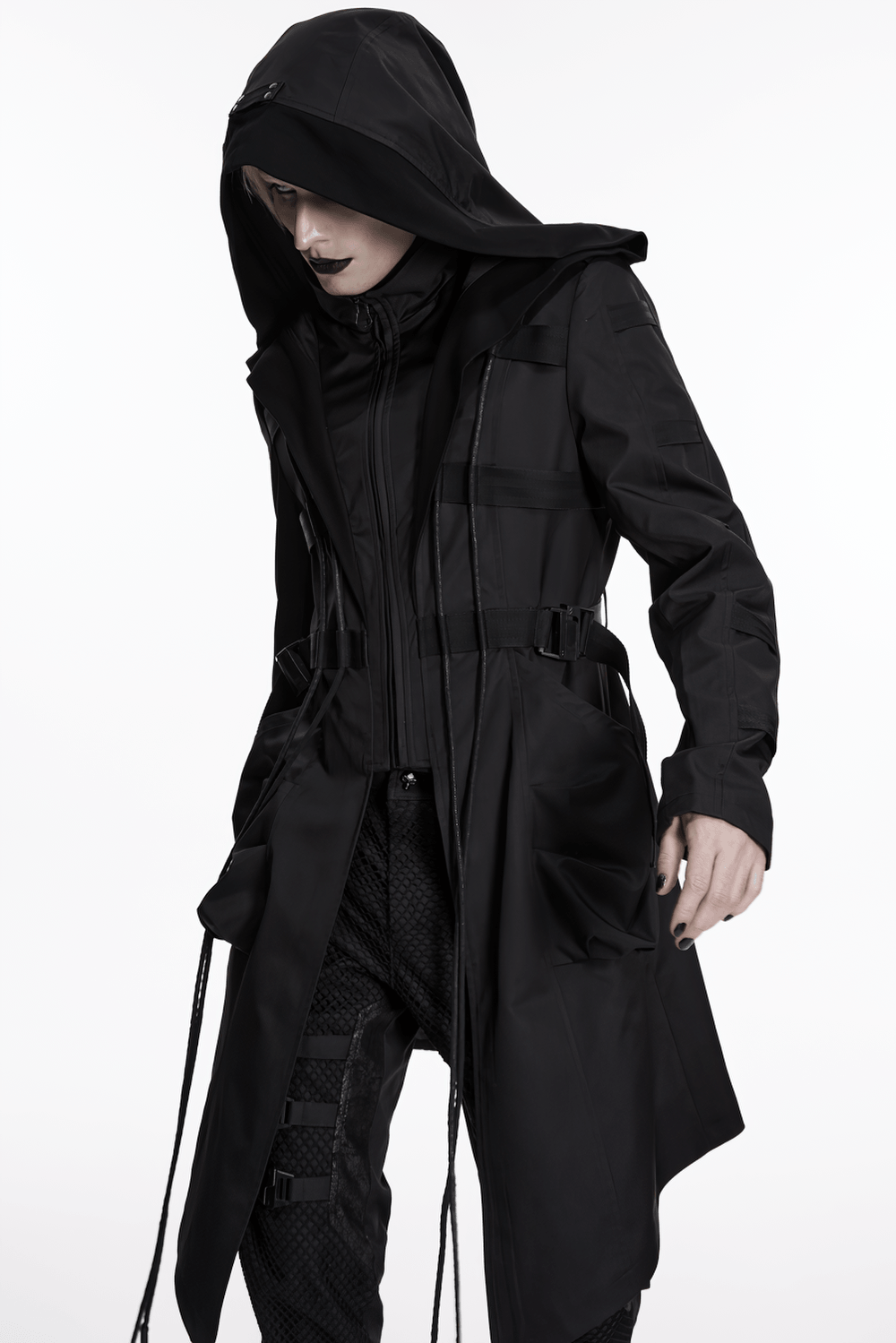 Black Gothic Hooded Coat with Tactical Strap Details