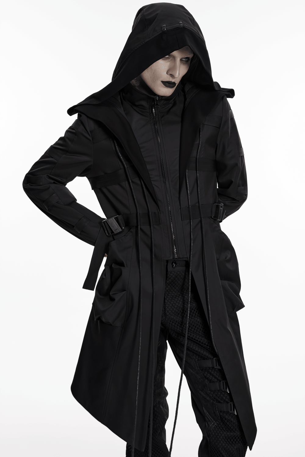 Black Gothic Hooded Coat with Tactical Strap Details