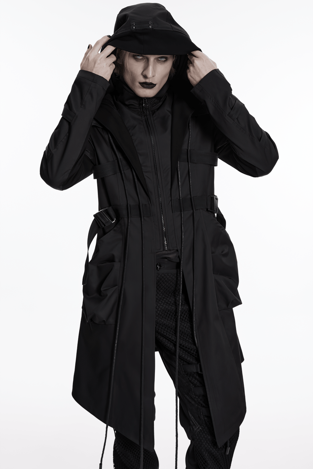 Black Gothic Hooded Coat with Tactical Strap Details