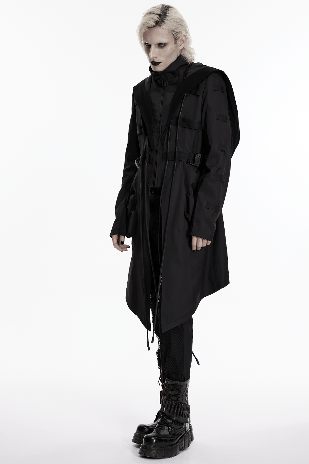 Black Gothic Hooded Coat with Tactical Strap Details