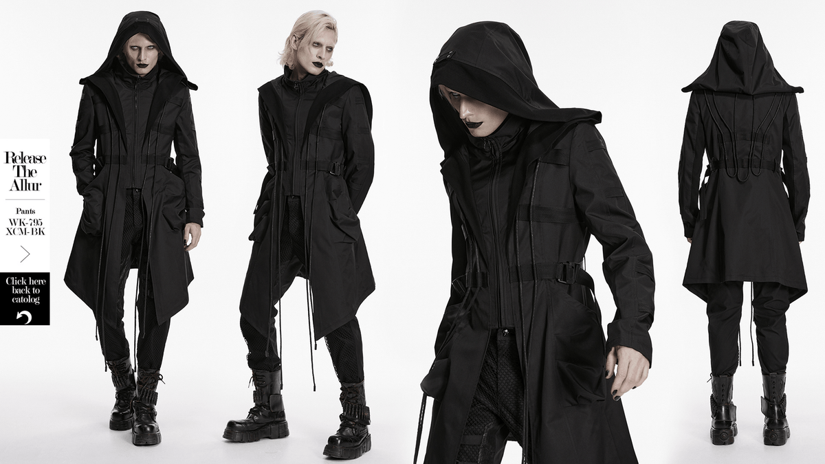 Black Gothic Hooded Coat with Tactical Strap Details