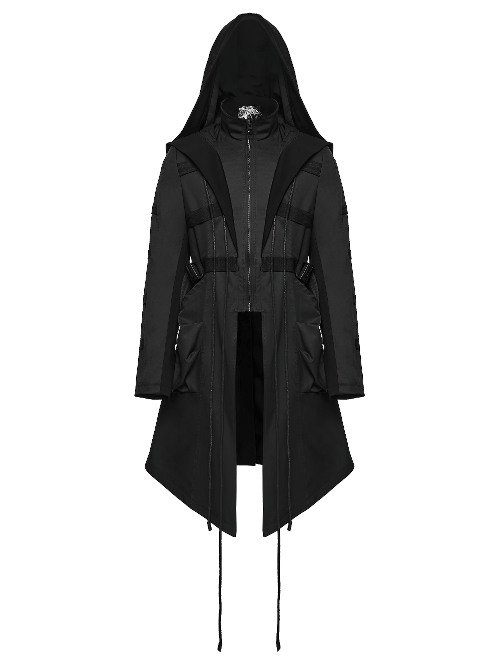 Black Gothic Hooded Coat with Tactical Strap Details