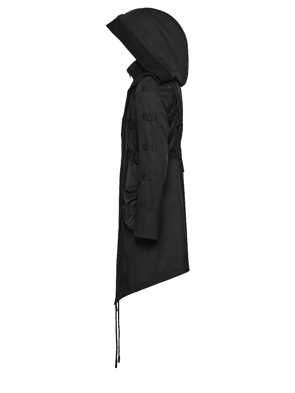 Black Gothic Hooded Coat with Tactical Strap Details