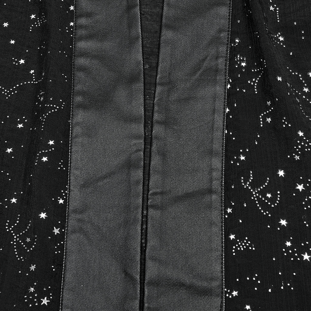 Black Gothic Kimono Cape with Starry Print and Waist Tie