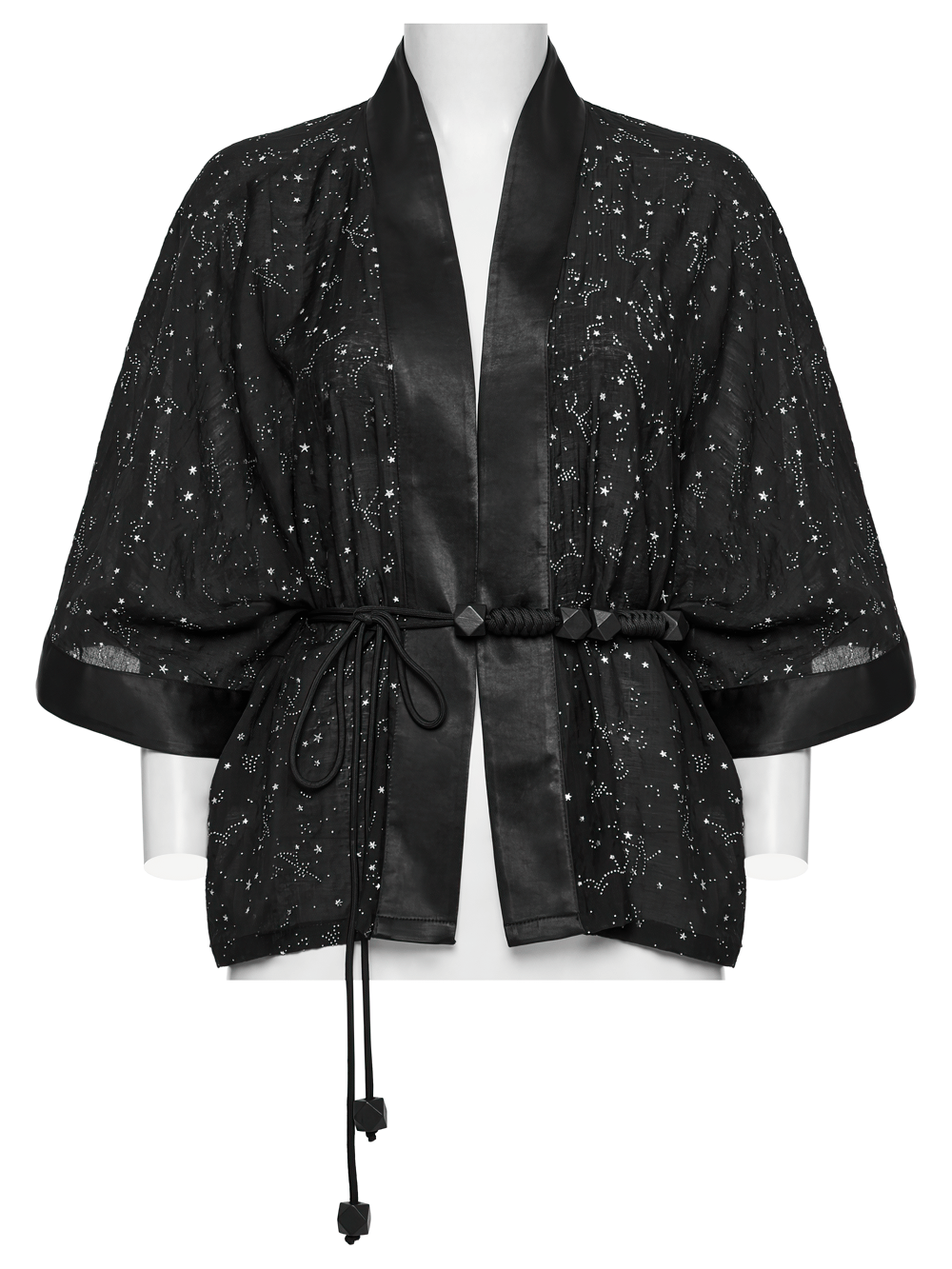Black Gothic Kimono Cape with Starry Print and Waist Tie
