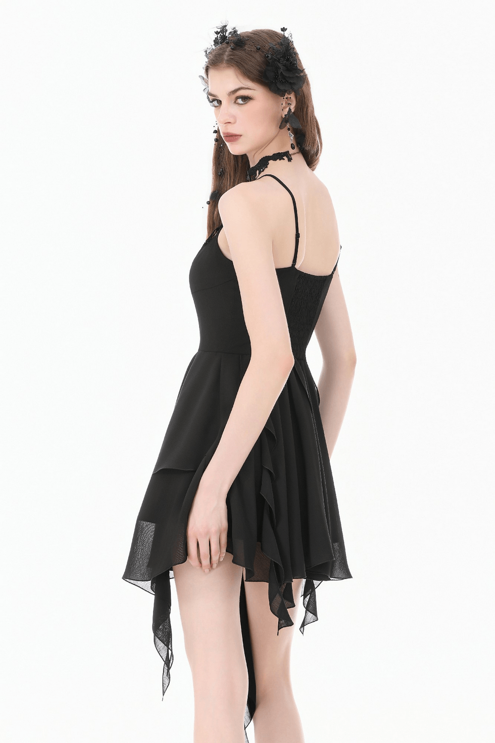 Black Gothic Lace Cami Dress with Asymmetric Hem