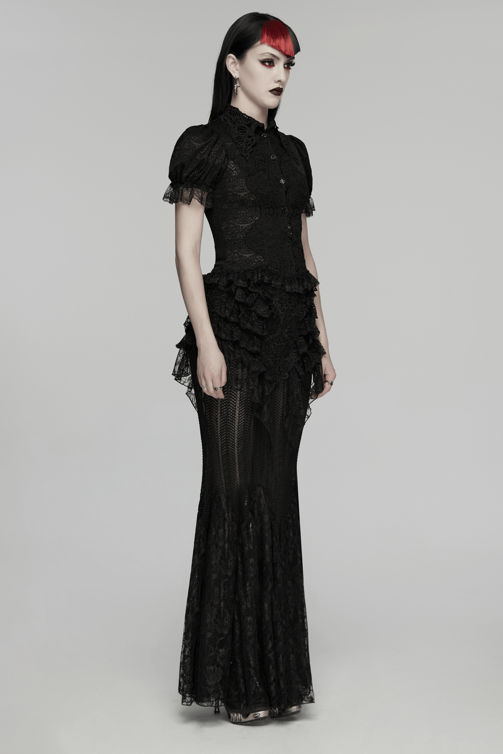 Black Gothic Lace Corset Blouse with Puff Sleeves