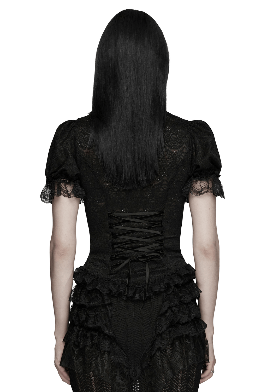 Black Gothic Lace Corset Blouse with Puff Sleeves