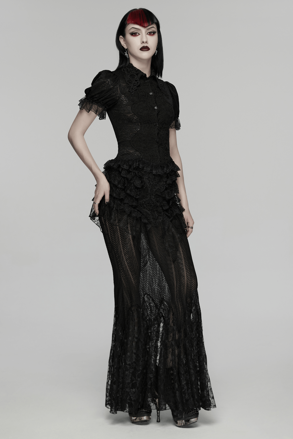 Black Gothic Lace Corset Blouse with Puff Sleeves