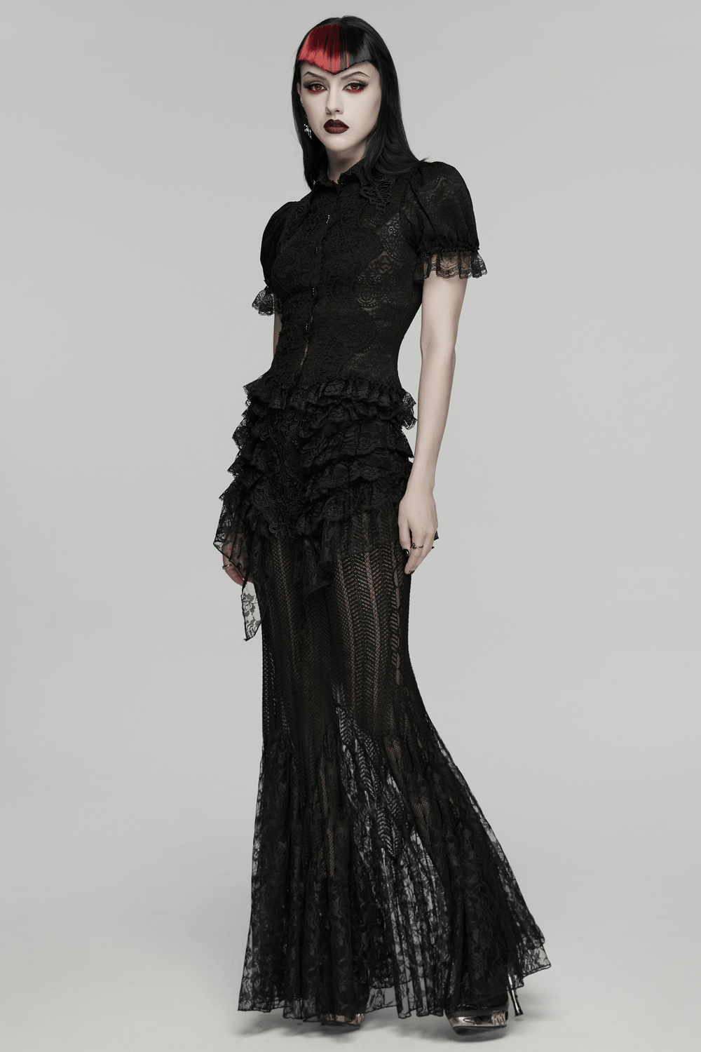 Black Gothic Lace Corset Blouse with Puff Sleeves