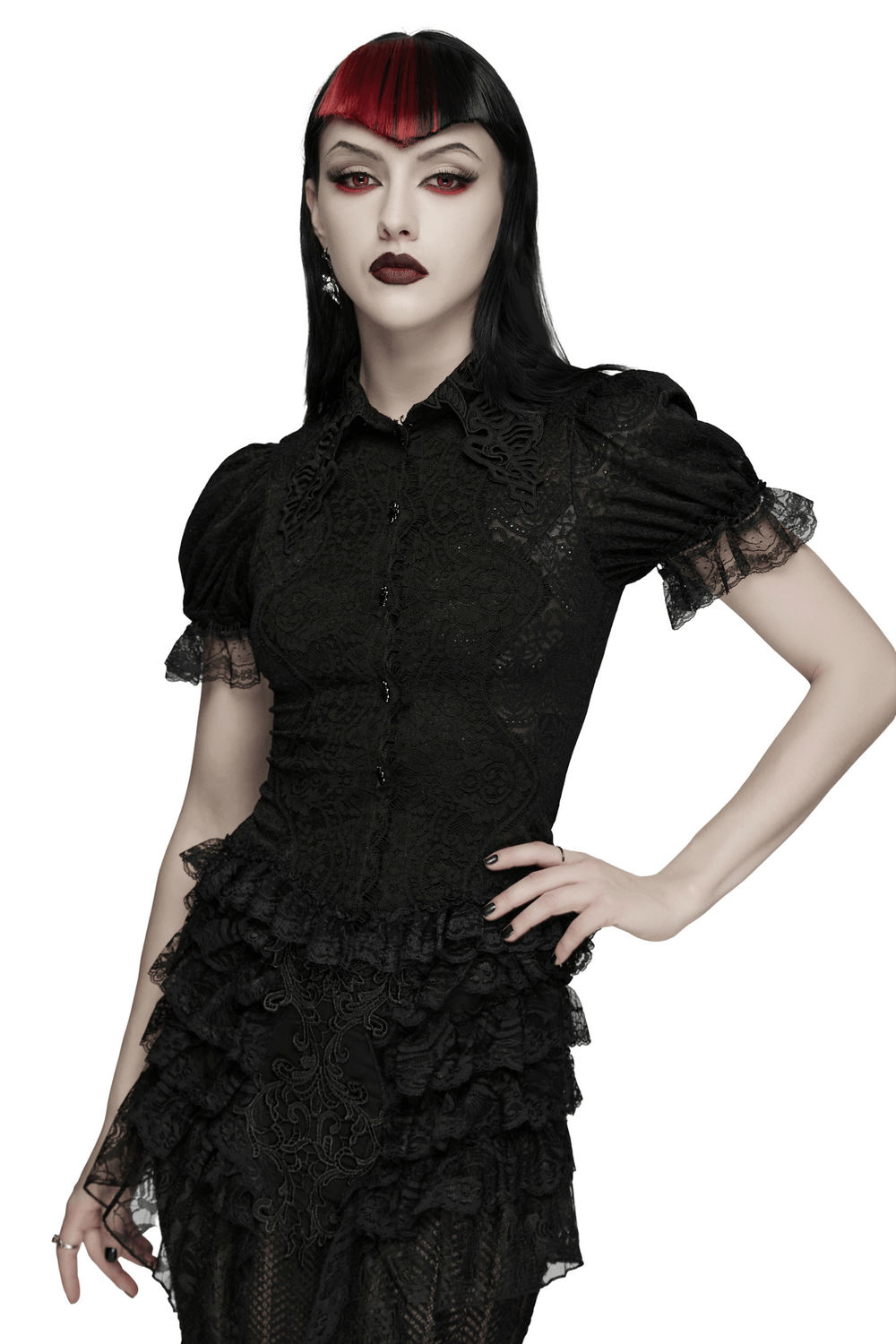Black Gothic Lace Corset Blouse with Puff Sleeves