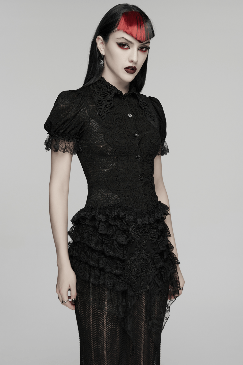 Black Gothic Lace Corset Blouse with Puff Sleeves