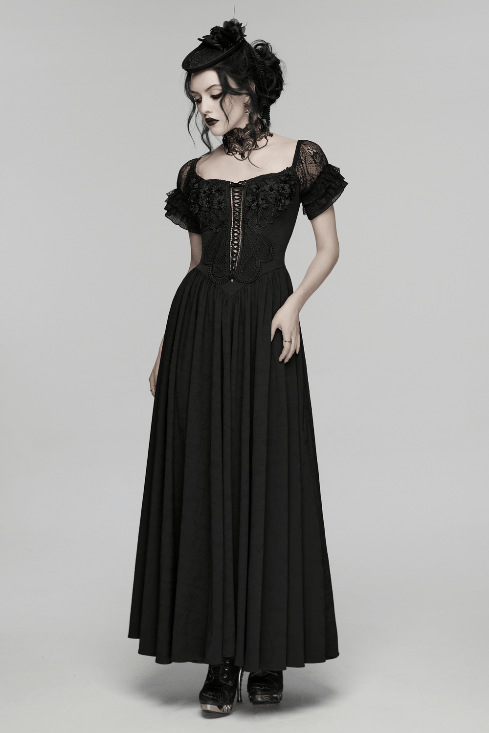 UK SALE of Black Gothic Lace Corset Maxi Dress with Victorian Style
