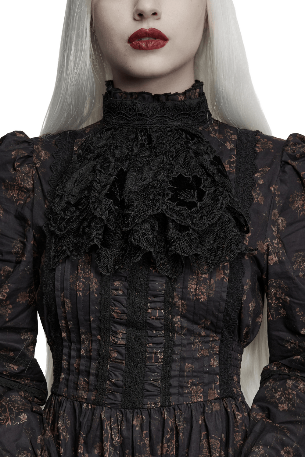 Black Gothic Lace Jabot Choker Collar with Ruffle Bib