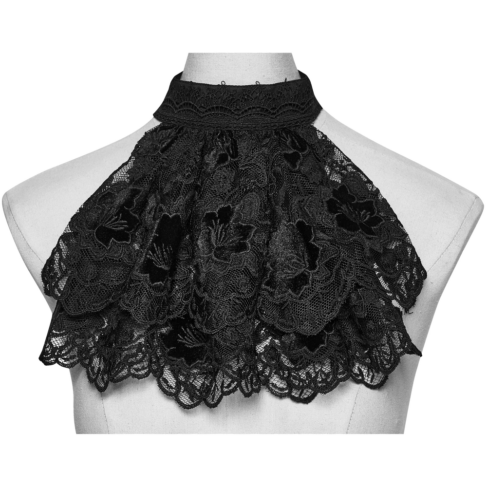 Black Gothic Lace Jabot Choker Collar with Ruffle Bib