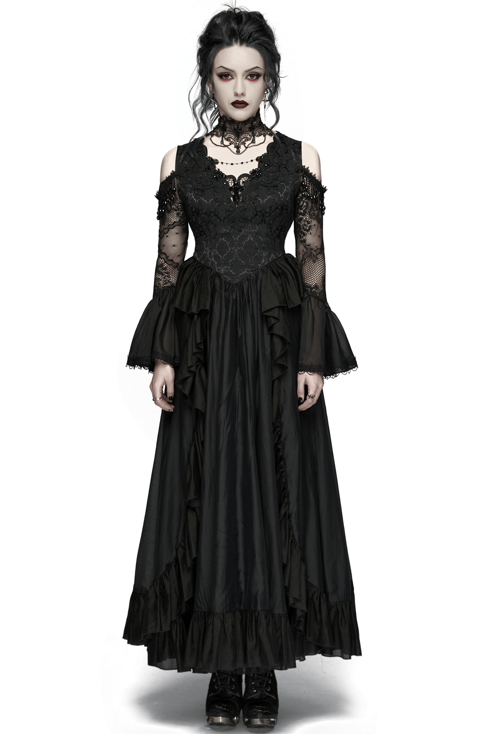 EU SALE of Black Gothic Lace Maxi Dress with Ruffle Sleeves