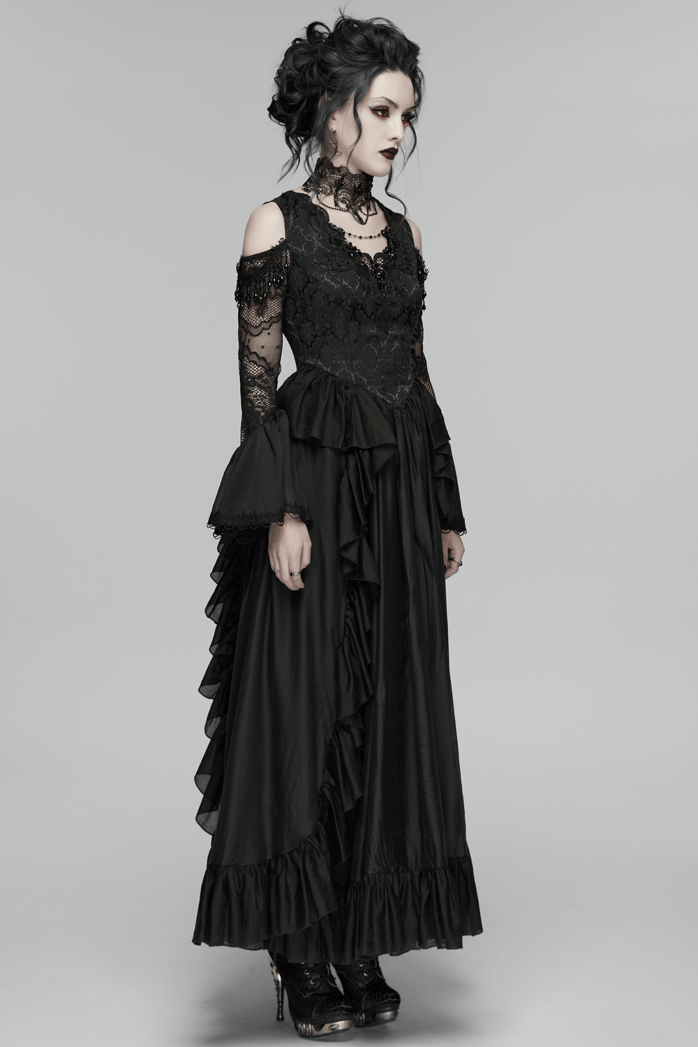 EU SALE of Black Gothic Lace Maxi Dress with Ruffle Sleeves