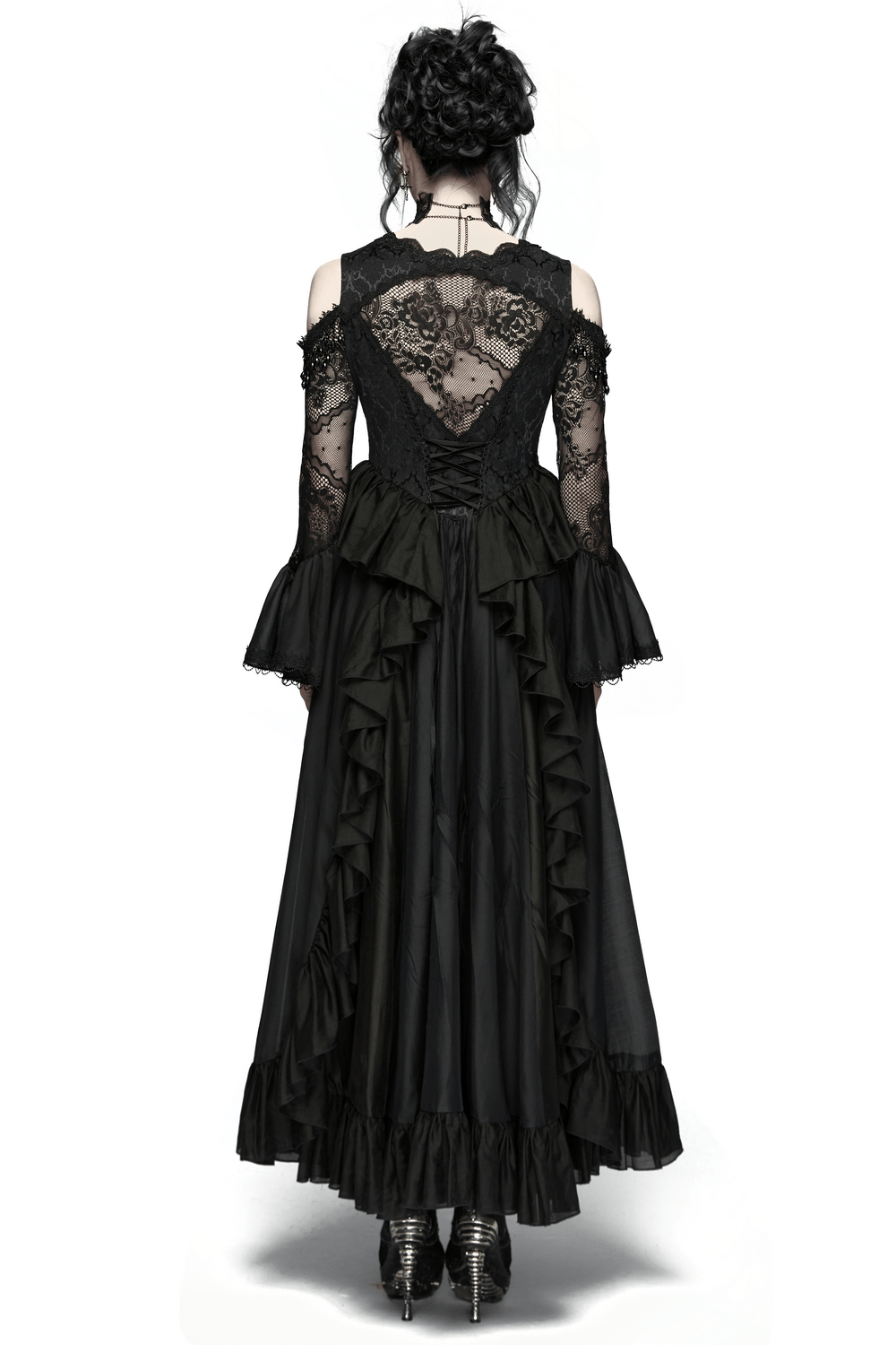 EU SALE of Black Gothic Lace Maxi Dress with Ruffle Sleeves