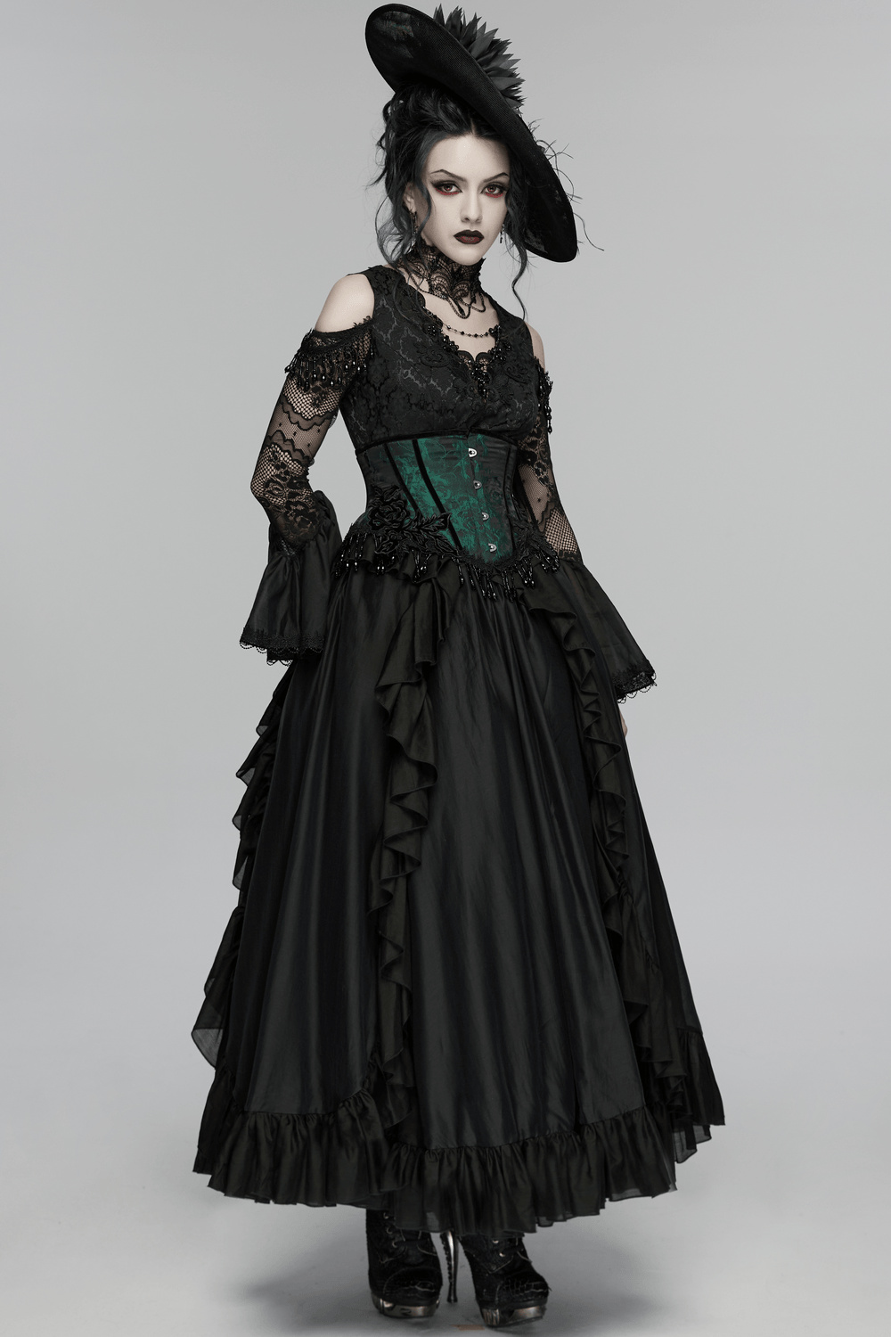 EU SALE of Black Gothic Lace Maxi Dress with Ruffle Sleeves