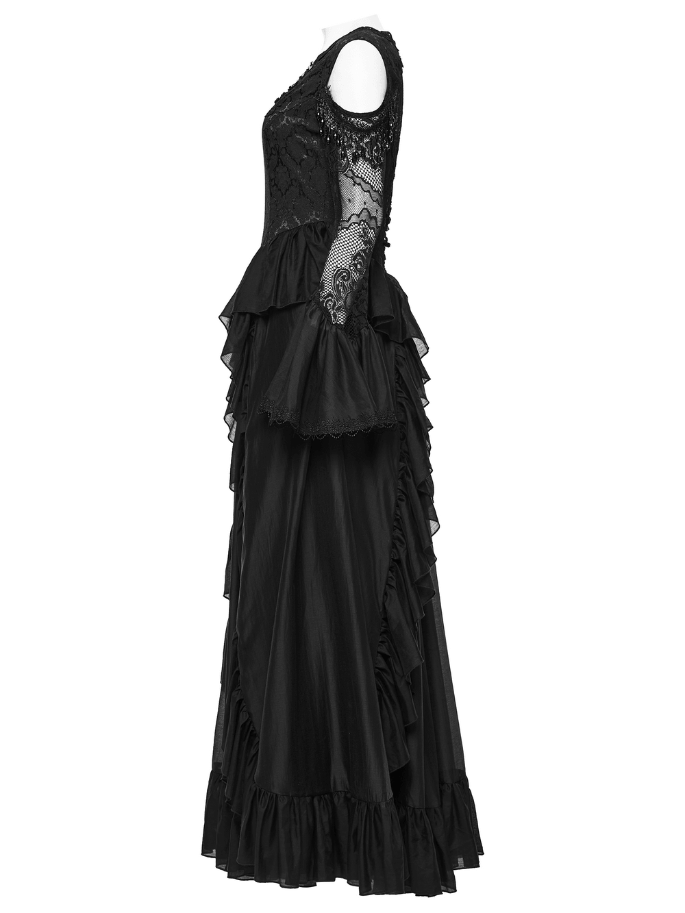 EU SALE of Black Gothic Lace Maxi Dress with Ruffle Sleeves