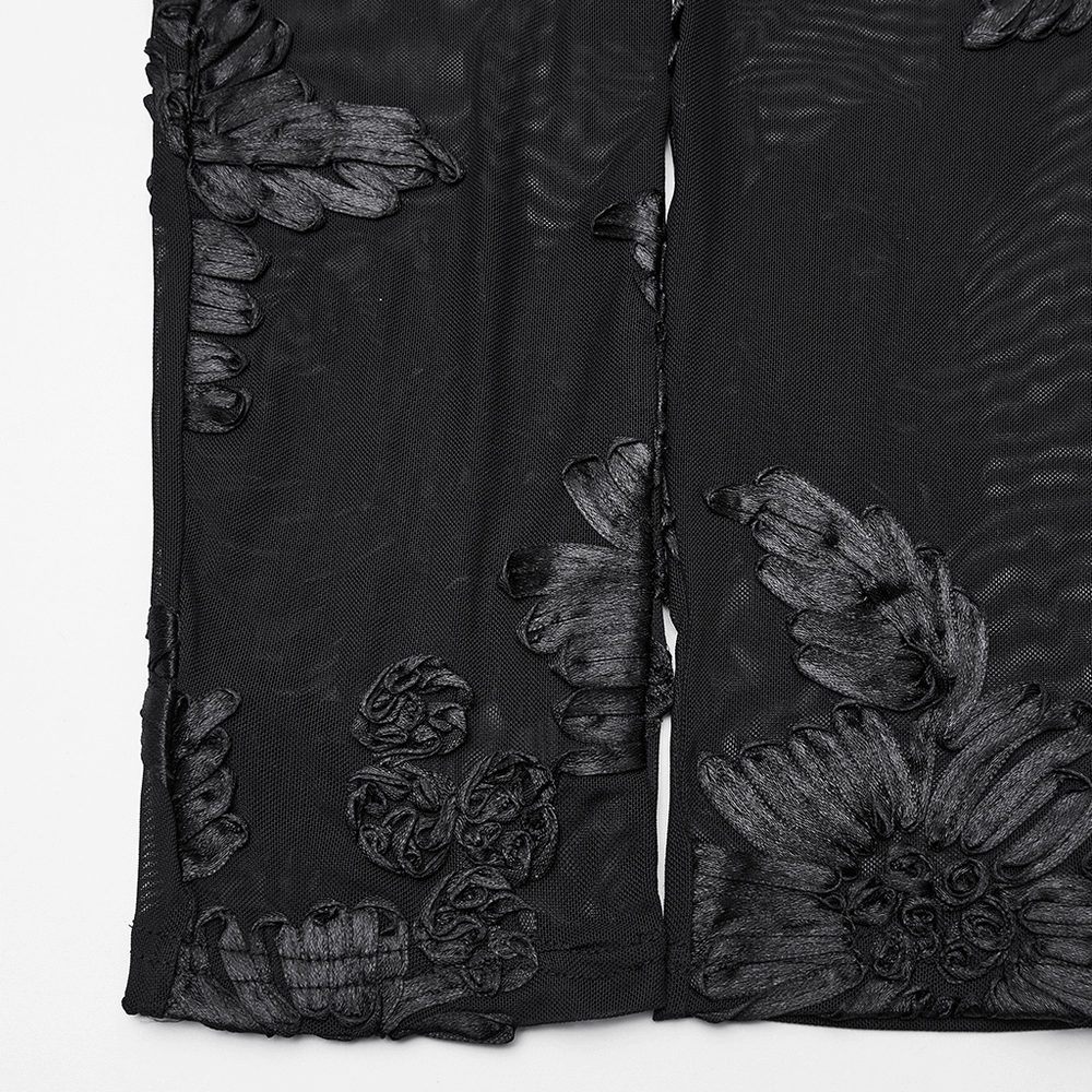 Black Gothic Lace Mesh Leggings with 3D Floral Design