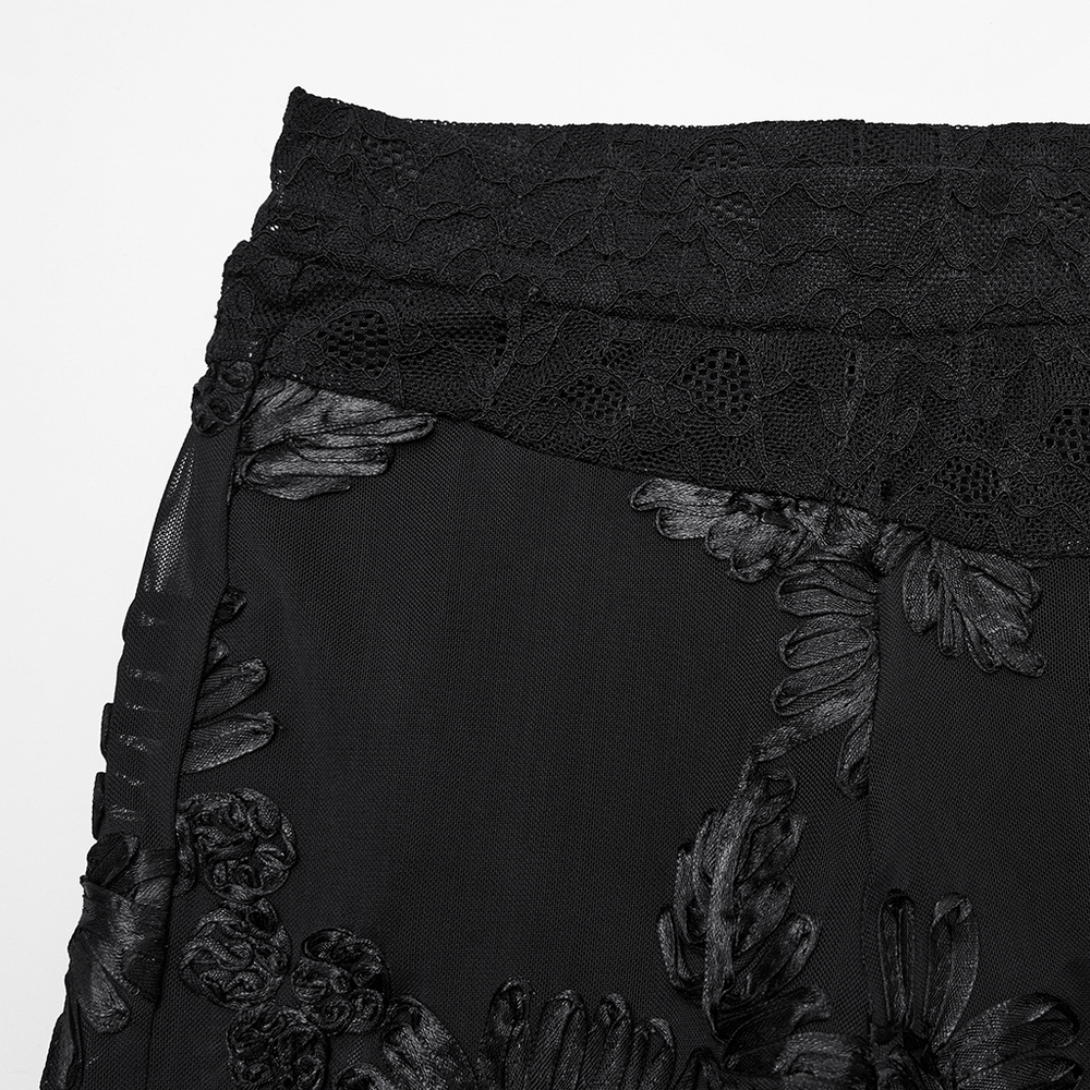 Black Gothic Lace Mesh Leggings with 3D Floral Design