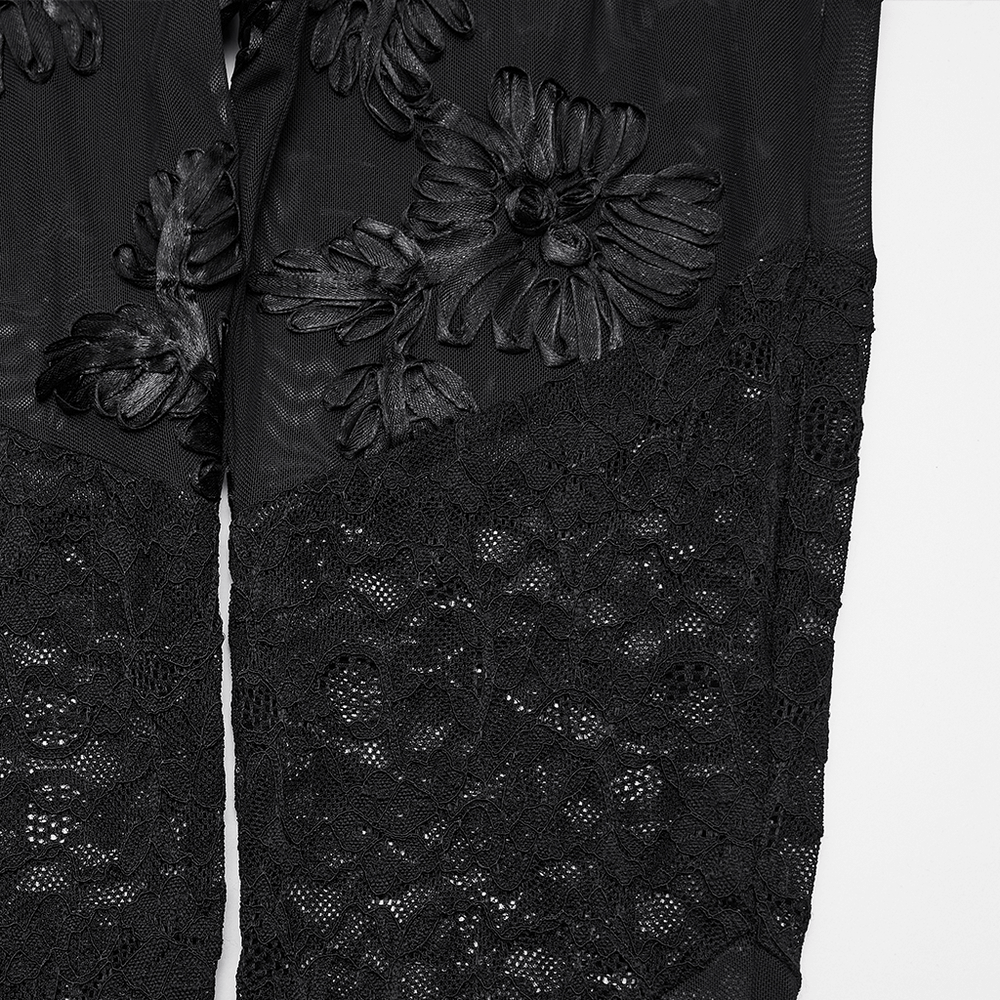 Black Gothic Lace Mesh Leggings with 3D Floral Design