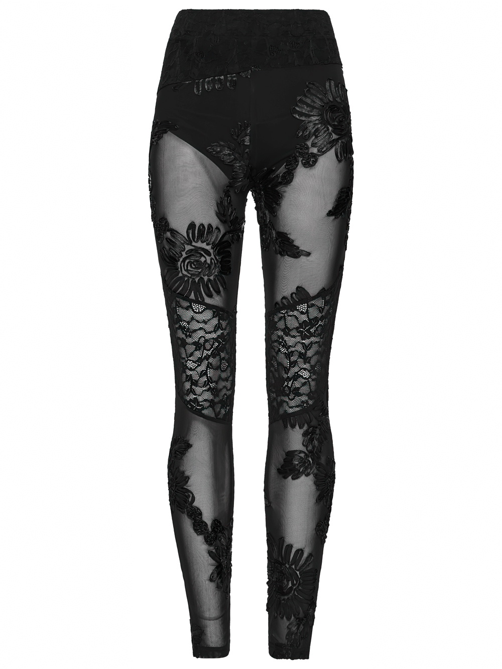 Black Gothic Lace Mesh Leggings with 3D Floral Design